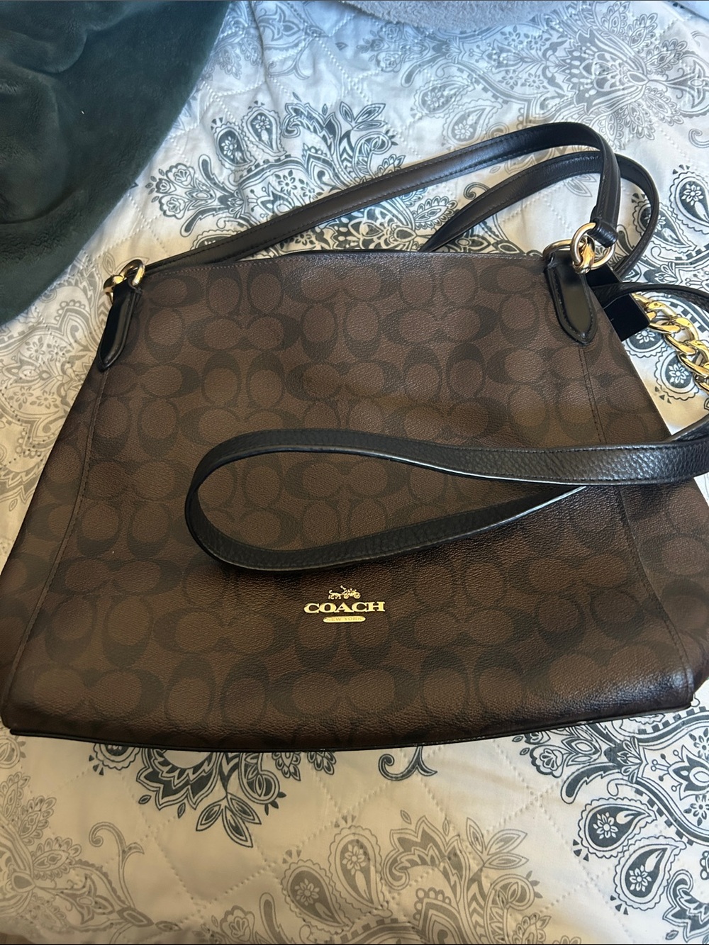 Coach Brown Signature Canvas Shoulder Bag with Black Trim
